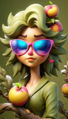 1girl,solo,breasts,looking at viewer,short hair,shirt,hair ornament,gloves,cleavage,jewelry,closed mouth,collarbone,upper body,earrings,small breasts,food,green hair,collared shirt,artist name,lips,makeup,fruit,leaf,sunglasses,lipstick,facing viewer,brown gloves,green shirt,branch,red lips,food-themed hair ornament,peach,tinted eyewear,food on head,blonde hair,holding,glasses,hair flower,holding food,nose,apple,plant girl