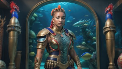 1girl,solo,breasts,looking at viewer,short hair,brown hair,hair ornament,brown eyes,jewelry,medium breasts,upper body,weapon,earrings,parted lips,dark skin,water,armor,dark-skinned female,lips,feathers,shoulder armor,armlet,fish,bubble,pauldrons,breastplate,underwater,nose,vambraces,bracer,very dark skin,dreadlocks,gorget,coral,boobplate,aquarium,long hair,braid,teeth,realistic,turtle,seaweed