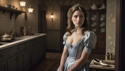 1girl,solo,long hair,breasts,looking at viewer,blue eyes,brown hair,dress,cleavage,medium breasts,collarbone,short sleeves,puffy sleeves,indoors,cup,puffy short sleeves,lips,table,tiara,crown,realistic,lamp,teapot,kitchen,princess,cabinet,kettle,upper body,parted lips,shoes,bottle,tiles,shoes removed,shelf