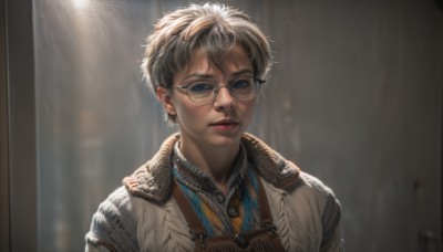 1girl,solo,looking at viewer,short hair,blue eyes,shirt,1boy,upper body,white hair,grey hair,male focus,parted lips,glasses,collared shirt,indoors,blurry,lips,fur trim,blurry background,portrait,striped shirt,realistic,nose,round eyewear,bangs,brown hair,black hair,closed mouth,striped,eyelashes,makeup,depth of field,scar,sunlight,scar on face,backlighting,red lips