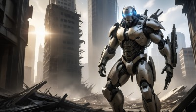 HQ,solo,blue eyes,1boy,standing,weapon,outdoors,sky,cloud,armor,gun,no humans,glowing,sunlight,robot,building,mecha,glowing eyes,science fiction,city,realistic,sun,cityscape,ruins,skyscraper,open hands,power armor,lens flare,debris