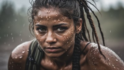 1girl,solo,long hair,looking at viewer,brown hair,black hair,brown eyes,closed mouth,upper body,braid,outdoors,parted lips,dark skin,blurry,dark-skinned female,lips,wet,blurry background,portrait,freckles,rain,realistic,nose,wet hair,dirty,very dark skin,dreadlocks,1boy,male focus,sweat,dark-skinned male,close-up