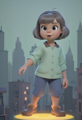 1girl,solo,looking at viewer,smile,short hair,open mouth,bangs,brown hair,shirt,brown eyes,standing,full body,outdoors,shoes,shorts,artist name,lips,brown footwear,thick eyebrows,building,child,blue shorts,city,female child,nail polish