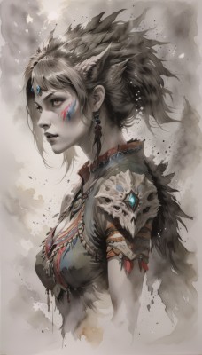 1girl,solo,breasts,short hair,brown hair,hair ornament,cleavage,brown eyes,jewelry,medium breasts,upper body,ponytail,grey hair,earrings,parted lips,necklace,armor,from side,lips,profile,makeup,facial mark,feathers,shoulder armor,feather hair ornament,facepaint,braid,skull,realistic