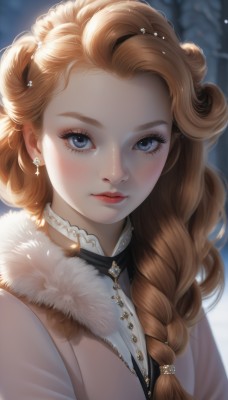 1girl,solo,long hair,looking at viewer,blush,blue eyes,blonde hair,hair ornament,jewelry,closed mouth,upper body,braid,earrings,outdoors,artist name,necklace,blurry,lips,coat,fur trim,eyelashes,single braid,makeup,depth of field,blurry background,gem,portrait,hair over shoulder,snow,freckles,curly hair,snowing,winter clothes,red lips,winter,snowflake hair ornament,brown hair,thick eyebrows,eyeshadow,realistic,nose,mascara