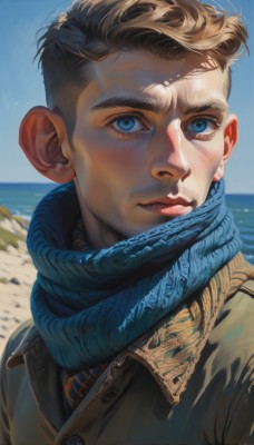 solo,looking at viewer,short hair,blue eyes,blonde hair,brown hair,1boy,closed mouth,upper body,male focus,outdoors,sky,day,scarf,blue sky,lips,coat,buttons,shadow,facial hair,ocean,beach,portrait,realistic,nose,mustache,sand,blue scarf,brown coat,jacket,water,thick eyebrows,wind,brown jacket,horizon,undercut