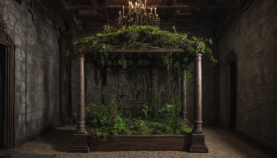 indoors,no humans,window,plant,scenery,stairs,door,candle,ruins,vines,pillar,arch,moss,candlestand,overgrown,column,outdoors,grass,fantasy,wall,brick wall,chandelier,stone wall