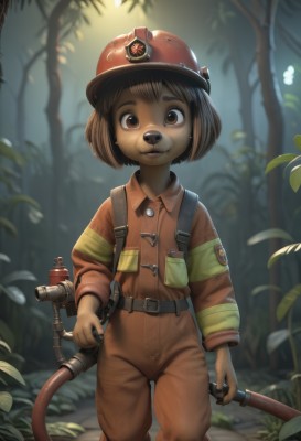 1girl,solo,looking at viewer,smile,short hair,brown hair,long sleeves,holding,animal ears,brown eyes,standing,tail,outdoors,belt,blurry,uniform,tree,military,blurry background,helmet,child,nature,furry,forest,freckles,furry female,female child,jacket,parted lips,mole,mole under eye,bob cut