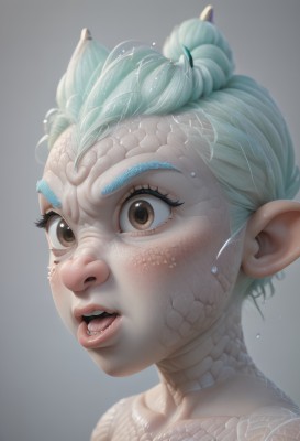 1girl,solo,short hair,open mouth,simple background,brown eyes,collarbone,green hair,horns,teeth,pointy ears,grey background,hair bun,lips,wet,eyelashes,aqua hair,single hair bun,monster girl,portrait,freckles,realistic,scales,hair ornament,white background,tongue,piercing,close-up,nose