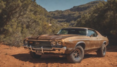 outdoors,sky,day,tree,no humans,shadow,ground vehicle,nature,scenery,motor vehicle,forest,mountain,realistic,car,road,vehicle focus,wheel,sports car,blue sky,desert