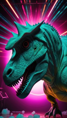 solo,open mouth,red eyes,standing,teeth,from side,no humans,sharp teeth,claws,monster,scales,animal focus,dinosaur,pokemon (creature),glowing,pink background,glowing eyes,kaijuu