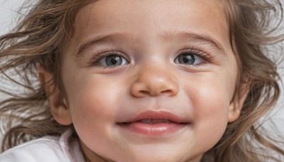 1girl,solo,long hair,looking at viewer,smile,open mouth,brown hair,shirt,brown eyes,white shirt,lying,parted lips,teeth,on back,black eyes,lips,grey eyes,portrait,close-up,forehead,realistic,nose,eyelashes