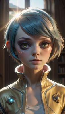 1girl,solo,looking at viewer,short hair,bangs,shirt,closed mouth,green eyes,blue hair,collarbone,jacket,yellow eyes,white shirt,upper body,open clothes,artist name,indoors,blurry,open jacket,lips,eyelashes,window,makeup,depth of field,blurry background,swept bangs,sunlight,portrait,freckles,realistic,nose,emblem,yellow jacket,mascara,blush,lens flare,backlighting,bookshelf,dirty,dirty face