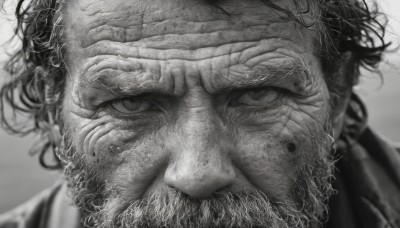 solo,looking at viewer,1boy,monochrome,greyscale,male focus,blurry,facial hair,bandages,messy hair,portrait,beard,close-up,realistic,mustache,old,old man,wrinkled skin,closed mouth,looking to the side,scar,looking away,scar on face,serious,nose,scar across eye,looking afar,manly,scar on cheek