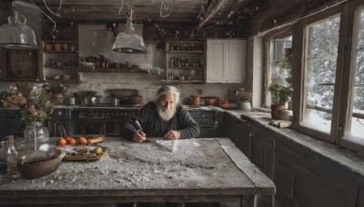 solo,long sleeves,1boy,holding,sitting,flower,white hair,grey hair,male focus,food,indoors,tree,cup,window,fruit,facial hair,chair,table,bottle,knife,plant,scenery,beard,snow,plate,snowing,spoon,mustache,fork,basket,holding knife,potted plant,lamp,bread,old,winter,old man,shelf,orange (fruit),kitchen,jar,counter,cabinet,cutting board,apple,painting (object),wrinkled skin