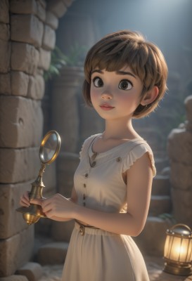 1girl,solo,looking at viewer,blush,smile,short hair,bangs,brown hair,dress,holding,brown eyes,jewelry,closed mouth,standing,collarbone,earrings,small breasts,outdoors,sleeveless,belt,white dress,blurry,lips,buttons,sleeveless dress,blurry background,freckles,lantern,stone wall,breasts,parted lips,necklace,night,thick eyebrows,lamp,magnifying glass