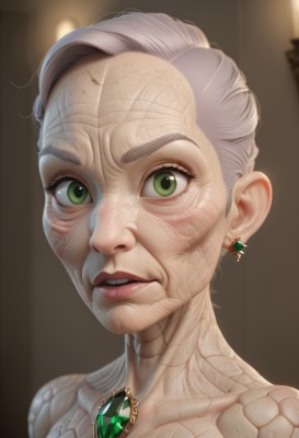 1girl,solo,looking at viewer,short hair,jewelry,green eyes,grey hair,earrings,parted lips,teeth,lips,makeup,gem,portrait,freckles,realistic,nose,old,old woman,upper body,white hair,artist name,eyelashes,watermark,web address,green gemstone,wrinkled skin