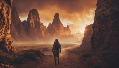 solo,gloves,1boy,standing,weapon,male focus,outdoors,sky,cloud,from behind,backpack,helmet,cloudy sky,scenery,1other,walking,science fiction,sunset,rock,mountain,ambiguous gender,signature,facing away,wide shot,spacesuit