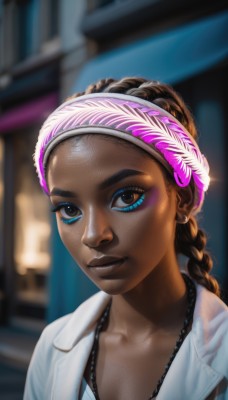 1girl,solo,long hair,breasts,looking at viewer,blue eyes,brown hair,shirt,cleavage,brown eyes,jewelry,collarbone,upper body,braid,multicolored hair,hairband,earrings,dark skin,necklace,blurry,dark-skinned female,lips,eyelashes,single braid,makeup,blurry background,headband,portrait,eyeshadow,freckles,realistic,nose,labcoat,very dark skin,smile,piercing,dreadlocks