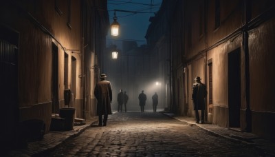 hat,standing,outdoors,multiple boys,sky,coat,night,shadow,building,night sky,scenery,city,silhouette,road,dark,multiple others,lamppost,street,trench coat,alley,people,6+others,from behind,light,power lines,vanishing point