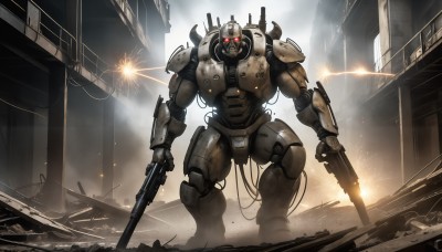 HQ,solo,red eyes,holding,standing,weapon,holding weapon,armor,gun,no humans,glowing,robot,building,holding gun,mecha,glowing eyes,spikes,smoke,science fiction,dual wielding,city,realistic,cable,explosion,ruins,damaged,firing,debris,shoulder spikes,destruction,radio antenna,bullet hole,looking at viewer,signature,helmet,rifle,machine gun,power armor,dust,sparks