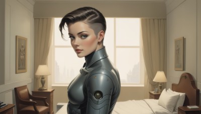 1girl,solo,breasts,looking at viewer,short hair,blue eyes,brown hair,black hair,medium breasts,upper body,parted lips,indoors,armor,from side,lips,pillow,grey eyes,window,bodysuit,bed,makeup,on bed,chair,curtains,science fiction,asymmetrical hair,lamp,undercut,cyborg,blush,realistic,nose,very short hair