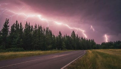 outdoors,sky,cloud,tree,no humans,cloudy sky,grass,nature,scenery,forest,electricity,road,bush,lightning,path,purple sky,mountain,field,landscape