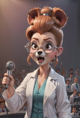 1girl,breasts,short hair,open mouth,brown hair,shirt,long sleeves,holding,animal ears,cleavage,brown eyes,jewelry,medium breasts,collarbone,upper body,ponytail,earrings,small breasts,multiple boys,necktie,glasses,teeth,solo focus,indoors,blurry,blurry background,fangs,microphone,furry,freckles,6+boys,round eyewear,furry female,labcoat,holding microphone,animal nose,buck teeth,aqua shirt,furrification,solo,looking at viewer,blush,thick eyebrows,short ponytail,crowd