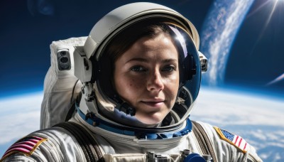 1girl,solo,looking at viewer,smile,blue eyes,1boy,upper body,male focus,lips,helmet,freckles,reflection,realistic,sun,space,planet,earth (planet),american flag,spacesuit,united states,astronaut,sunlight,portrait,science fiction,space helmet,american flag print