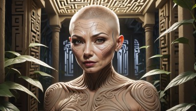 1girl,solo,looking at viewer,smile,short hair,brown eyes,jewelry,closed mouth,upper body,earrings,indoors,lips,grey eyes,tattoo,makeup,leaf,plant,lipstick,portrait,science fiction,realistic,nose,bald,very short hair,alien,white hair,facial mark,facial tattoo,bodypaint