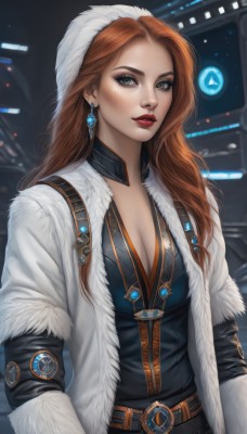 1girl,solo,long hair,breasts,looking at viewer,brown hair,long sleeves,cleavage,jewelry,medium breasts,green eyes,upper body,red hair,earrings,parted lips,open clothes,belt,hood,orange hair,mole,lips,coat,fur trim,makeup,lipstick,gem,eyeshadow,freckles,open coat,nose,white coat,red lips,fur-trimmed coat,large breasts,hat,jacket,necklace,eyelashes,thick eyebrows,buckle,zipper,belt buckle,realistic,mascara