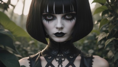 1girl,solo,looking at viewer,short hair,bangs,black hair,bare shoulders,brown eyes,jewelry,closed mouth,green eyes,collarbone,yellow eyes,upper body,earrings,sleeveless,blunt bangs,blurry,eyelashes,tattoo,makeup,depth of field,blurry background,leaf,facial mark,bob cut,plant,lipstick,pale skin,portrait,eyeshadow,red lips,eyeliner,facial tattoo,straight-on,mascara,gothic,black lips,artist name,lips,close-up,facepaint