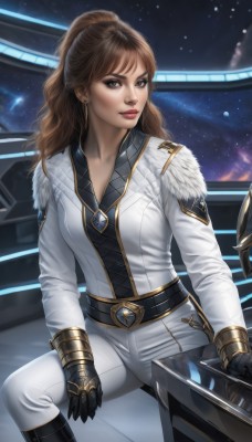 1girl,solo,long hair,breasts,looking at viewer,smile,brown hair,gloves,brown eyes,jewelry,medium breasts,sitting,collarbone,ponytail,earrings,boots,sky,black gloves,belt,pants,lips,fur trim,bodysuit,makeup,knee boots,lipstick,star (sky),starry sky,science fiction,realistic,white pants,nose,red lips,space,uniform