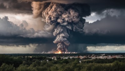 flower,outdoors,sky,day,cloud,tree,no humans,cloudy sky,grass,fire,building,nature,scenery,forest,smoke,monster,mountain,city,river,landscape,cityscape,burning