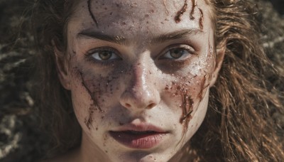 1girl,solo,long hair,looking at viewer,brown hair,brown eyes,closed mouth,blurry,lips,blood,scar,portrait,close-up,blood on face,realistic,dirty,eyelashes,messy hair,dirty face