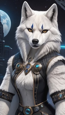 1girl,solo,breasts,looking at viewer,animal ears,brown eyes,jewelry,medium breasts,closed mouth,yellow eyes,upper body,sky,belt,artist name,signature,orange eyes,night,animal,moon,brooch,gem,star (sky),night sky,furry,full moon,armlet,starry sky,colored sclera,fur collar,furry female,space,body fur,white fur,planet,fur,animal nose,wolf,snout,earth (planet),fluffy,animal ear fluff,facial mark,black sclera,oversized animal