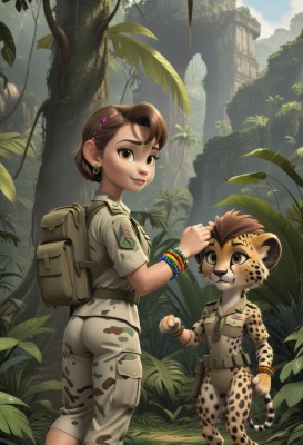 1girl,looking at viewer,smile,short hair,brown hair,1boy,brown eyes,jewelry,closed mouth,standing,tail,ass,short sleeves,hairband,earrings,outdoors,sky,shorts,day,looking back,bag,uniform,bracelet,tree,military,military uniform,sunlight,single hair bun,backpack,child,nature,furry,freckles,ruins,camouflage,belt,pants,signature,looking at another,lips,plant,forest,watch