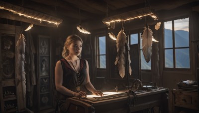 1girl,solo,short hair,blonde hair,brown hair,bare shoulders,brown eyes,jewelry,sitting,earrings,sleeveless,day,indoors,necklace,lips,window,chain,chair,table,feathers,desk,paper,lamp,map,quill,inkwell,long hair,dress,sky,book,watch,realistic