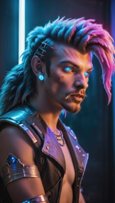 solo,long hair,looking at viewer,blue eyes,black hair,hair ornament,1boy,jewelry,blue hair,upper body,pink hair,male focus,multicolored hair,earrings,small breasts,parted lips,open clothes,sleeveless,hairclip,dark skin,necklace,mole,vest,two-tone hair,lips,glowing,facial hair,piercing,dark-skinned male,feathers,ear piercing,glowing eyes,beard,armlet,realistic,nose,mustache,stud earrings,open vest,sleeveless jacket,mohawk,nose piercing,lip piercing,eyebrow piercing,alternate costume,artist name,alternate hairstyle,asymmetrical hair