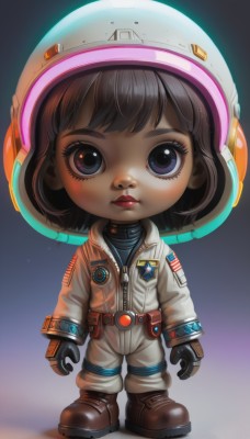 1girl,solo,looking at viewer,short hair,bangs,blue eyes,brown hair,gloves,closed mouth,standing,full body,boots,black gloves,chibi,lips,makeup,brown footwear,helmet,child,zipper,red lips,female child,american flag,spacesuit,japanese flag,space helmet,astronaut,black hair,jacket,eyelashes,realistic,nose,jumpsuit