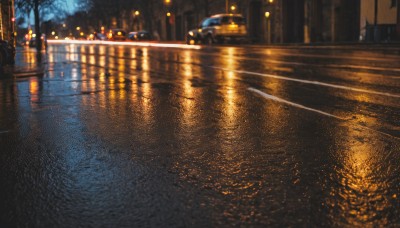 outdoors,sky,water,blurry,tree,no humans,night,ground vehicle,building,night sky,scenery,motor vehicle,reflection,rain,city,sign,car,light,road,bridge,lamppost,street,puddle,city lights,lights,real world location,depth of field,dark,pavement,vanishing point