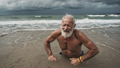 solo,smile,open mouth,1boy,jewelry,closed eyes,upper body,white hair,male focus,outdoors,sky,day,cloud,water,bracelet,muscular,facial hair,ocean,beach,parody,cloudy sky,pectorals,facing viewer,beard,topless male,mature male,realistic,mustache,sand,old,chest hair,old man,waves,shore,arm hair,wrinkled skin,nipples,scar