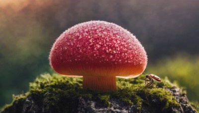 outdoors,food,day,blurry,tree,pokemon (creature),no humans,depth of field,blurry background,grass,nature,scenery,rock,realistic,mushroom,solo,animal,bug,oversized animal