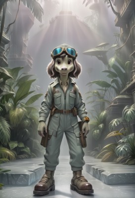 1girl,solo,looking at viewer,short hair,open mouth,brown hair,shirt,long sleeves,brown eyes,standing,full body,weapon,boots,outdoors,teeth,belt,pants,signature,water,uniform,black eyes,tree,gun,military,colored skin,brown footwear,sunlight,plant,goggles,furry,1other,pocket,goggles on head,watch,pouch,light rays,arms at sides,brown belt,breast pocket,holster,sunbeam,grey skin,belt pouch,jumpsuit,gloves,1boy,jacket,male focus,zipper,wristwatch,furry male