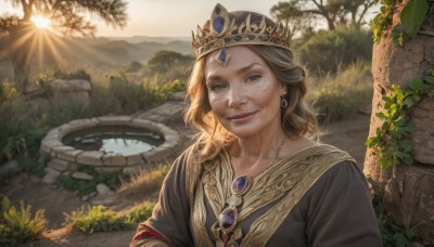 1girl,solo,long hair,looking at viewer,smile,blonde hair,brown hair,dress,brown eyes,jewelry,closed mouth,upper body,earrings,outdoors,day,water,necklace,tree,lips,facial mark,sunlight,grass,tiara,crown,plant,gem,scenery,mountain,realistic,sun,old,old woman,blue eyes,nature