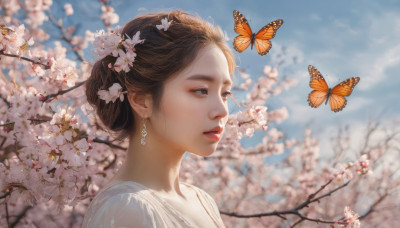 1girl, solo, short hair, brown hair, jewelry, upper body, flower, earrings, outdoors, sky, day, blurry, blue sky, lips, depth of field, blurry background, bug, cherry blossoms, butterfly, realistic, nose, branch