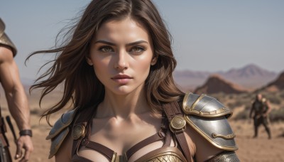 1girl,long hair,breasts,looking at viewer,brown hair,holding,cleavage,brown eyes,medium breasts,closed mouth,collarbone,upper body,weapon,outdoors,multiple boys,sky,solo focus,day,2boys,holding weapon,armor,blurry,lips,gun,depth of field,blurry background,wind,shoulder armor,holding gun,rifle,pauldrons,mountain,realistic,nose,shoulder pads,desert,messy hair,close-up,serious