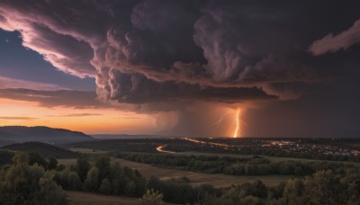 outdoors,sky,cloud,tree,no humans,cloudy sky,grass,building,nature,scenery,forest,sunset,mountain,city,sun,horizon,road,river,landscape,hill,1girl,solo,water,night,ocean,smoke,fantasy,cityscape,lightning,city lights