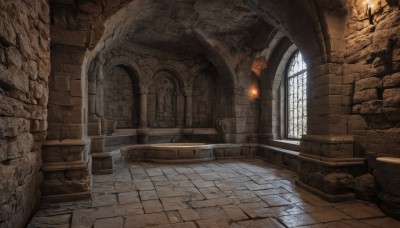 day,indoors,dutch angle,no humans,window,sunlight,scenery,stairs,candle,wall,architecture,ruins,pillar,church,arch,column,stone floor,stone wall,fire,lantern,fantasy,door,light,brick wall,statue,torch,stone,brick floor