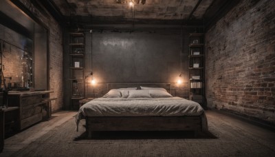 indoors,pillow,book,no humans,window,bed,night,bed sheet,on bed,table,scenery,couch,blanket,light,lamp,wall,bedroom,ceiling,carpet,ceiling light,cabinet,chandelier,chair,bottle,bookshelf,candle,under covers,brick wall,shelf,drawer,candlestand,rug,fireplace